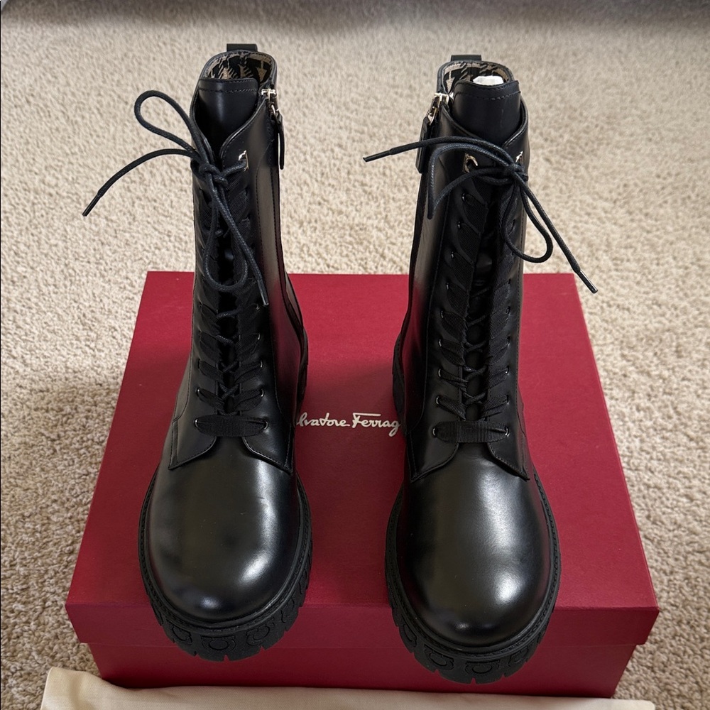 Salvatore Ferragamo Black Leather Combat Boots size 10